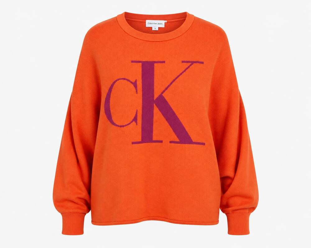 Calvin Klein Jeans Women's Orange Logo Dolman Sleeve Crew Sweatshirt Size M